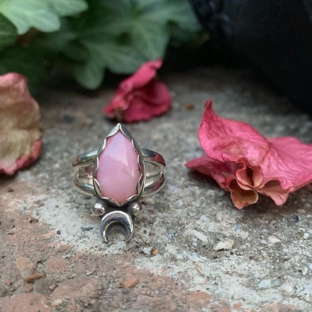 Pink Quartz Moon Sterling Silver Ring